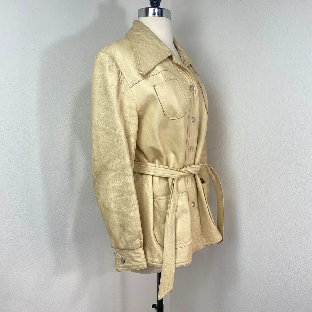 Vintage 70 New England Sportswear Trench Beige Leather Jacket 12 Snap Front Belt